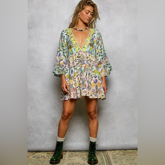 POL “ Sunlit Bloom “ Babydoll Mini Dress | Blue / Pink - Picture 5 of 6